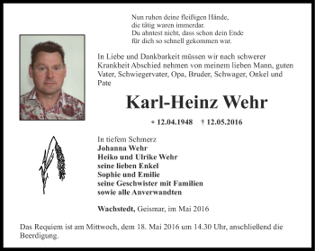 Traueranzeige von Karl-Heinz Wehr von Thüringer Allgemeine