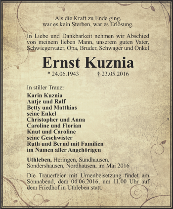 Traueranzeige von Ernst Kuznia von Thüringer Allgemeine