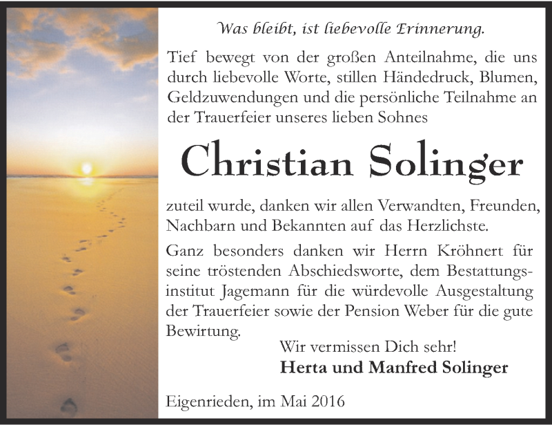  Traueranzeige für Christian Solinger vom 07.05.2016 aus Thüringer Allgemeine, Thüringische Landeszeitung