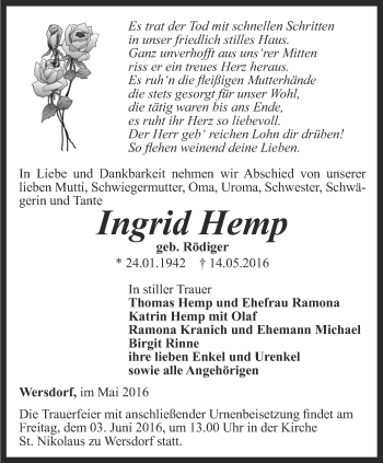 Traueranzeige von Ingrid Hemp von Thüringer Allgemeine, Thüringische Landeszeitung