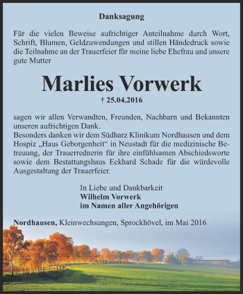 Traueranzeige von Marlies Vorwerk von Thüringer Allgemeine
