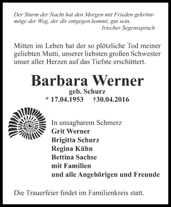 Traueranzeige von Barbara Werner von Ostthüringer Zeitung