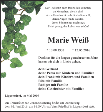 Traueranzeige von Marie Weiß von Ostthüringer Zeitung