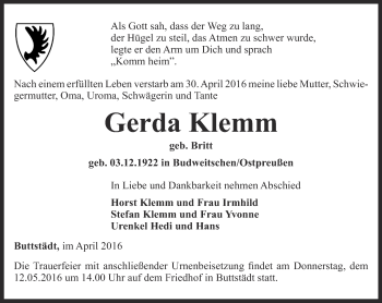 Traueranzeige von Gerda Klemm von Thüringer Allgemeine