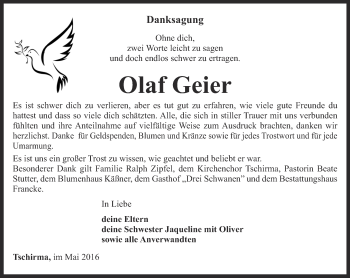 Traueranzeige von Olaf Geier von Ostthüringer Zeitung