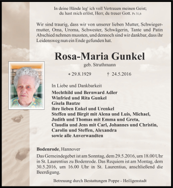 Traueranzeige von Rosa-Maria Gunkel von Thüringer Allgemeine