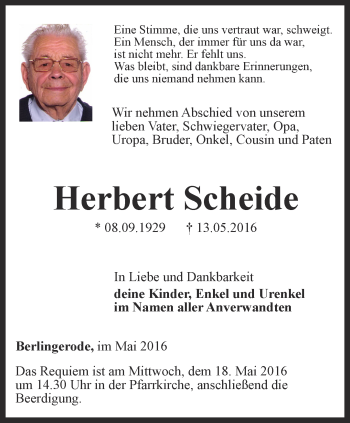 Traueranzeige von Herbert Scheide von Thüringer Allgemeine