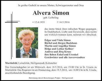 Traueranzeige von Alvera Simon von Thüringer Allgemeine