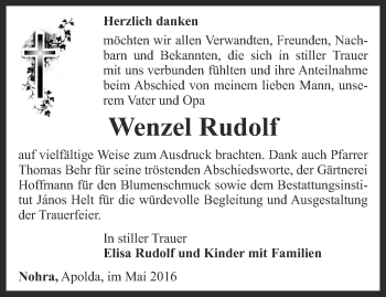 Traueranzeige von Rudolf Wenzel von Thüringer Allgemeine, Thüringische Landeszeitung