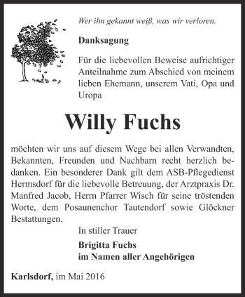 Traueranzeige von Willy Fuchs von Ostthüringer Zeitung