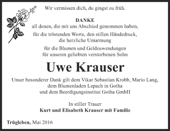 Traueranzeige von Uwe Krauser von Ostthüringer Zeitung, Thüringische Landeszeitung