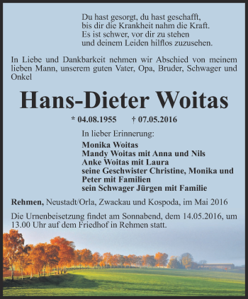 Traueranzeige von Hans-Dieter Woitas von Ostthüringer Zeitung