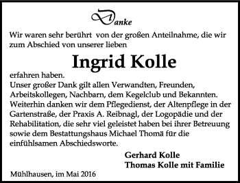 Traueranzeige von Ingrid Kolle von Thüringer Allgemeine, Thüringische Landeszeitung