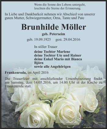 Traueranzeige von Brunhilde Möller von Thüringer Allgemeine, Thüringische Landeszeitung