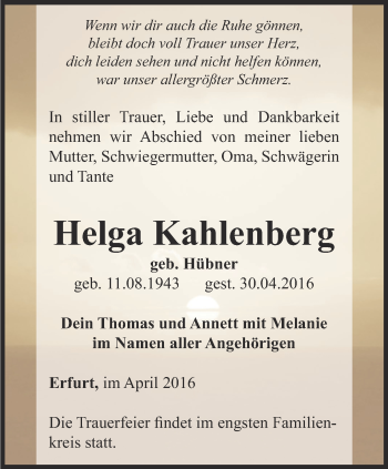 Traueranzeige von Helga Kahlenberg von Thüringer Allgemeine, Thüringische Landeszeitung