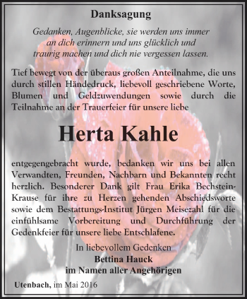 Traueranzeige von Herta Kahle von Thüringer Allgemeine, Thüringische Landeszeitung