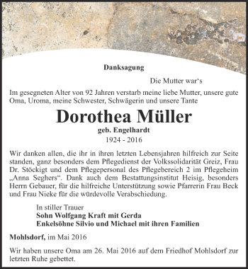 Traueranzeige von Dorothea Müller von Ostthüringer Zeitung