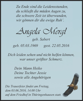 Traueranzeige von Angela Mergl von Thüringer Allgemeine