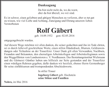 Traueranzeige von Rolf Gäbert von Thüringer Allgemeine
