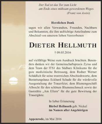 Traueranzeige von Dieter Hellmuth von Thüringer Allgemeine