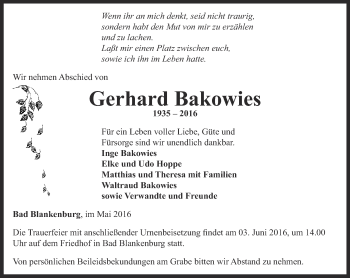 Traueranzeige von Gerhard Bakowies von Ostthüringer Zeitung