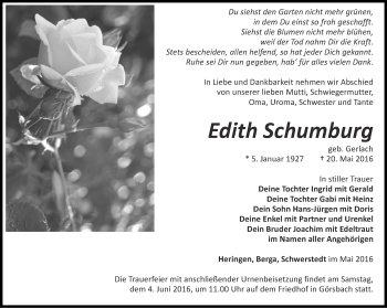 Traueranzeige von Edith Schumburg von Thüringer Allgemeine