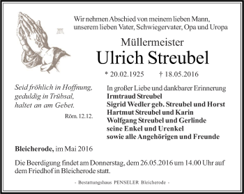 Traueranzeige von Ulrich Streubel von Thüringer Allgemeine