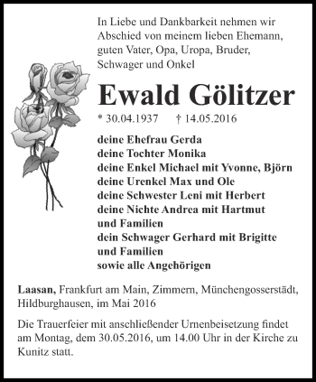 Traueranzeige von Ewald Gölitzer von Ostthüringer Zeitung, Thüringische Landeszeitung