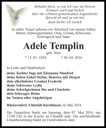 Traueranzeige von Adele Templin von Ostthüringer Zeitung