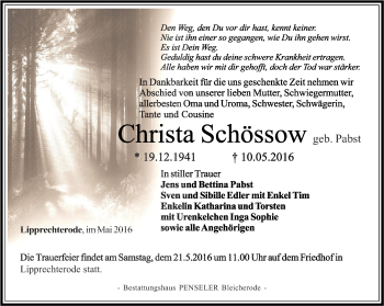 Traueranzeige von Christa Schössow von Thüringer Allgemeine