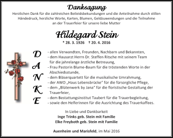 Traueranzeige von Hildegard Stein von Thüringer Allgemeine, Thüringische Landeszeitung