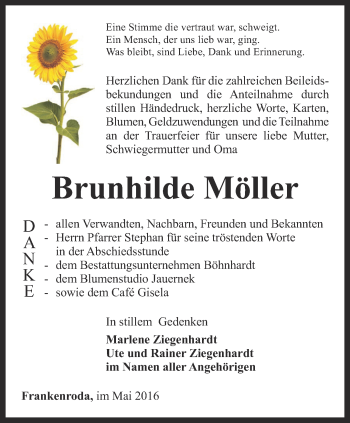 Traueranzeige von Brunhilde Möller von Thüringer Allgemeine, Thüringische Landeszeitung