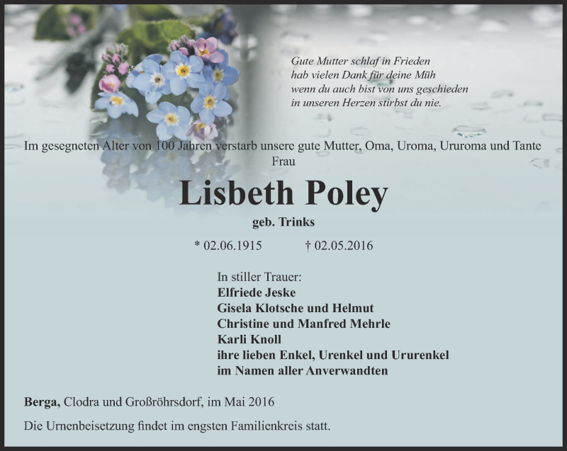  Traueranzeige für Lisbeth Poley vom 07.05.2016 aus Ostthüringer Zeitung