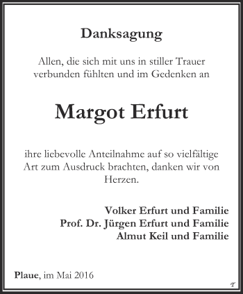 Traueranzeige von Margot Erfurt von Thüringer Allgemeine