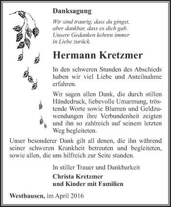 Traueranzeige von Hermann Kretzmer von Thüringer Allgemeine