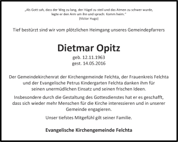 Traueranzeige von Dietmar Opitz von Thüringer Allgemeine, Thüringische Landeszeitung