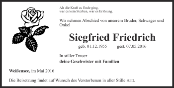 Traueranzeige von Siegfried Friedrich von Thüringer Allgemeine