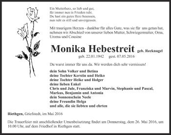 Traueranzeige von Monika Hebestreit von Thüringer Allgemeine