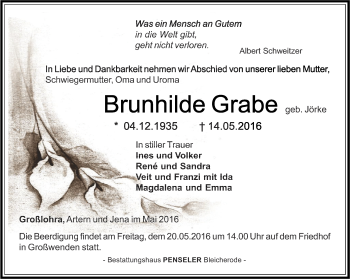 Traueranzeige von Brunhilde Grabe von Thüringer Allgemeine