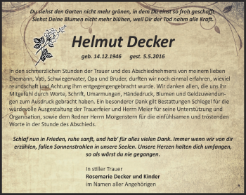 Traueranzeige von Helmut Decker von Thüringer Allgemeine