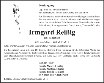 Traueranzeige von Irmgard Reißig von Ostthüringer Zeitung