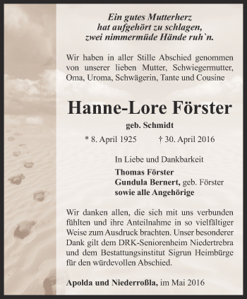 Traueranzeige von Hanne-Lore Förster von Thüringer Allgemeine, Thüringische Landeszeitung