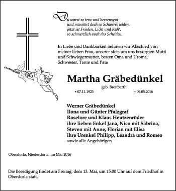 Traueranzeige von Martha Gräbedünkel von Thüringer Allgemeine, Thüringische Landeszeitung