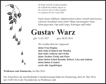 Traueranzeige von Gustav Warz von Thüringer Allgemeine