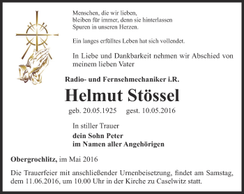 Traueranzeige von Helmut Stössel von Ostthüringer Zeitung