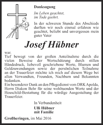 Traueranzeige von Josef Hübner von Thüringer Allgemeine, Thüringische Landeszeitung