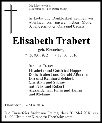 Traueranzeige von Elisabeth Trabert von Ostthüringer Zeitung, Thüringische Landeszeitung