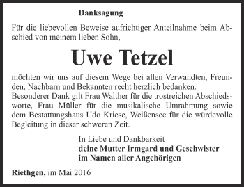 Traueranzeige von Uwe Tetzel von Thüringer Allgemeine