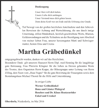 Traueranzeige von Martha Gräbedünkel von Thüringer Allgemeine, Thüringische Landeszeitung