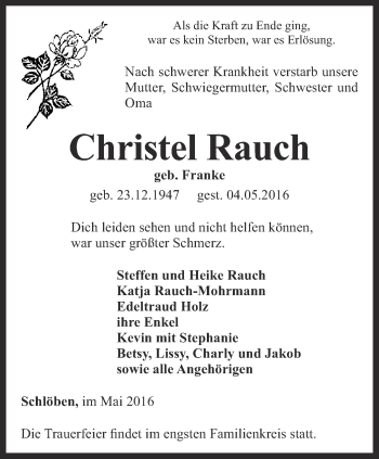 Traueranzeige von Christel Rauch von Ostthüringer Zeitung